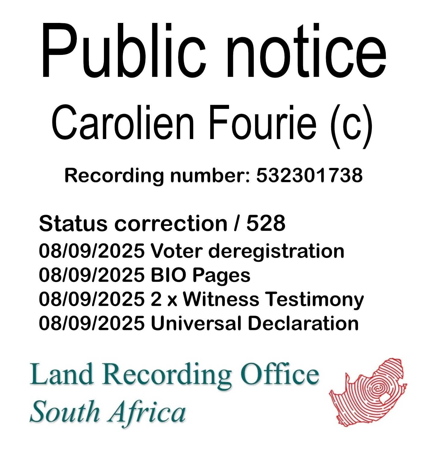 Public Notice Carolien Fourie Recording Number 532301738